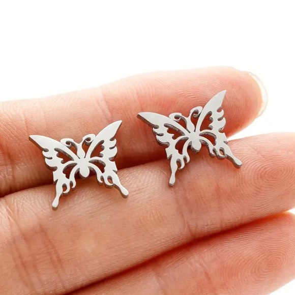 Jewelry - Ornate Laser Cut Butterfly Silver Toned Stud Earrings